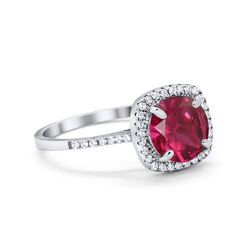 Halo Wedding Engagement Ring Round Simulated Ruby CZ 925 Sterling Silver